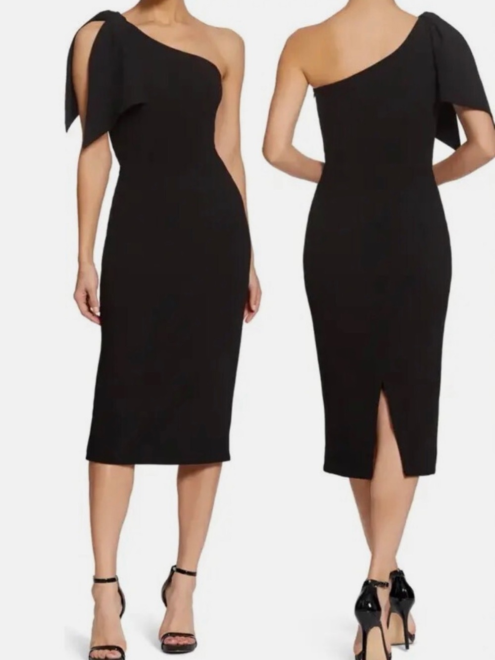 Dress the Population One-Shoulder Black Midi Dress with Bow Sleeve